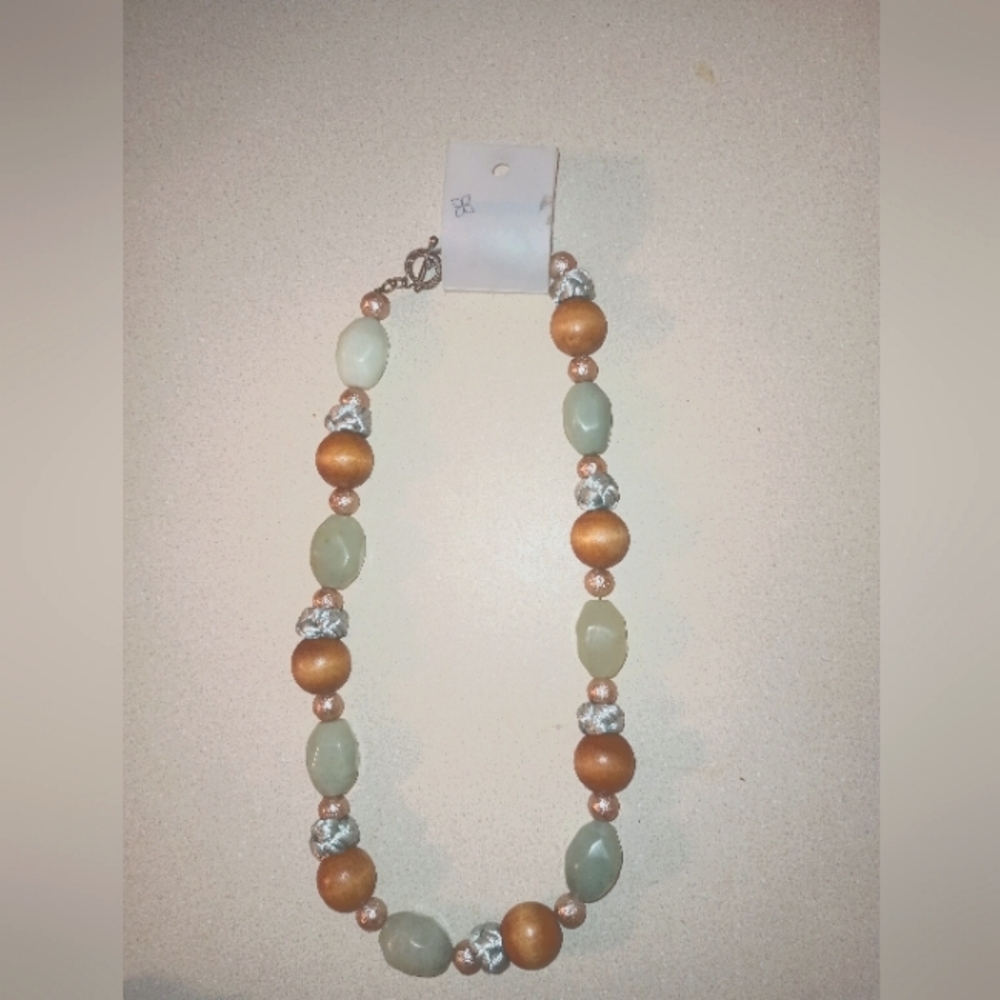 Long Gemstone and wood beaded necklace.